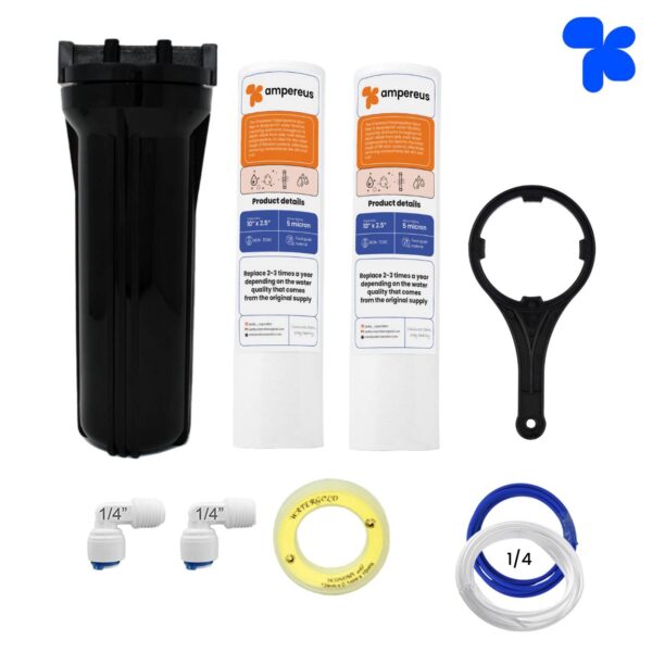 Black Pre Filter Set with extra pp Food Grade Material Housing, PP Spun Filter, 2 M 1/4" (8 mm) Pipe Tube, Spanner, Teflon Tape, 1/4" (8 mm) Elbow Compatible for Kent RO Water Purifier