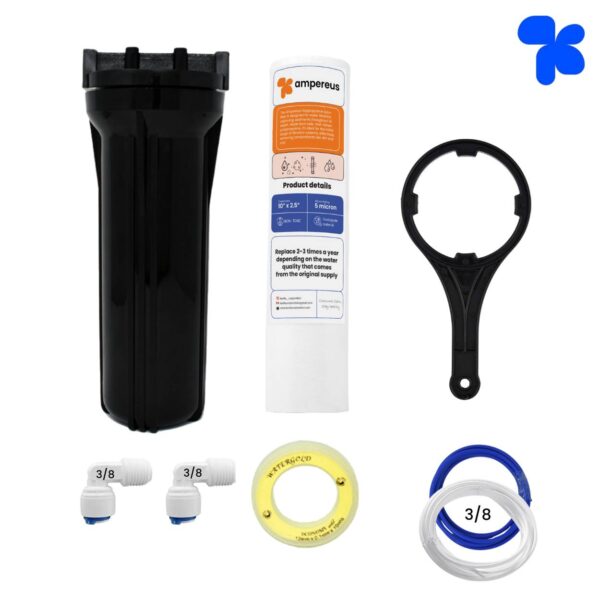 Black Pre Filter Housing Set Food Grade Material PP Housing, PP Spun Filter, 2 M 3/8" (10 mm) Pipe Tube, Spanner, Teflon Tape, 3/8" (10 mm) Elbow Compatible for Kent RO Water Purifier