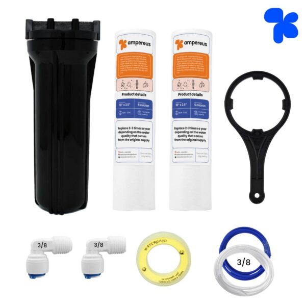 Black Pre Filter Set with extra pp Food Grade Material Housing, PP Spun Filter, 2 M 3/8" (10 mm) Pipe Tube, Spanner, Teflon Tape, 3/8" (10 mm) Elbow Compatible for Kent RO Water Purifier