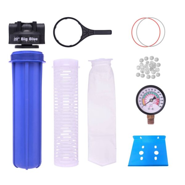 Bag Filter | Bag Filter for Water Tank | Whole House Water Filter 20 inch 5 Micron Tank Filtration Systems with 20 Antiscalant Balls (1 Inch in-Out with mounting Plate)