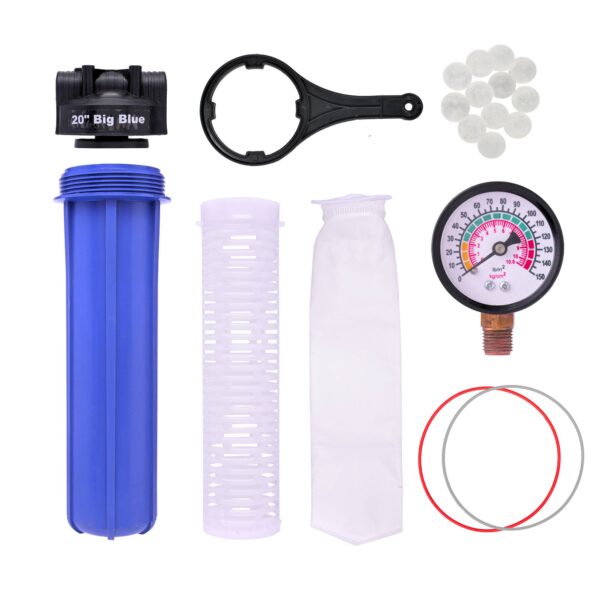 Bag Filter | Bag Filter for Water Tank | Whole House Water Filter 20 inch 5 Micron Tank Filtration Systems with 20 Antiscalant Balls (1.5 Inch in-Out with mounting Plate)
