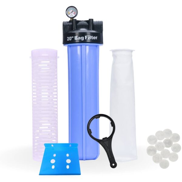 Virgin Bag Filter with 20 Antiscalant Balls |20-Inch 5 Micron Water Filter for Tank | Whole House Water Tank Filter for Dust & Sediment (1.5 inch Inlet-Outlet)